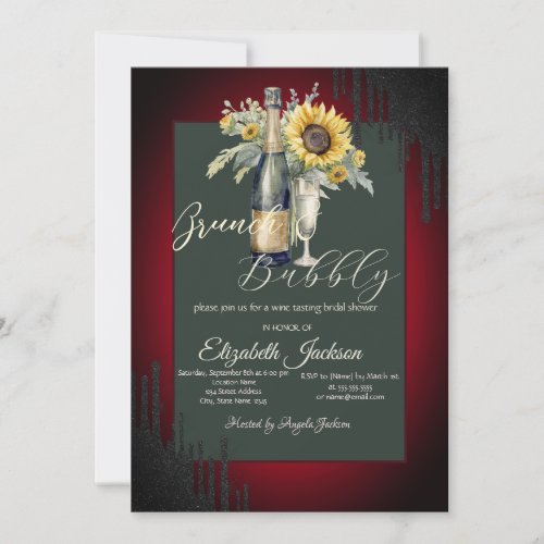 Black Drips Sunflowers Red Brunch  Bubbly Invitation