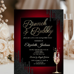 Black Drips,Wine Glass,Red Brunch & Bubbly Invitation