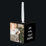 Black Dual Photo Personalized  Cube Ornament<br><div class="desc">Cube Ornament.  Family photos (2).  Black background.  Family name and individual names.</div>