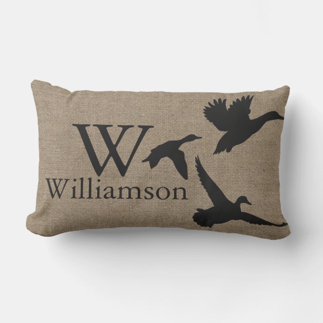 Black Duck Silhouettes Faux Burlap Family Name Lumbar Pillow (Front)