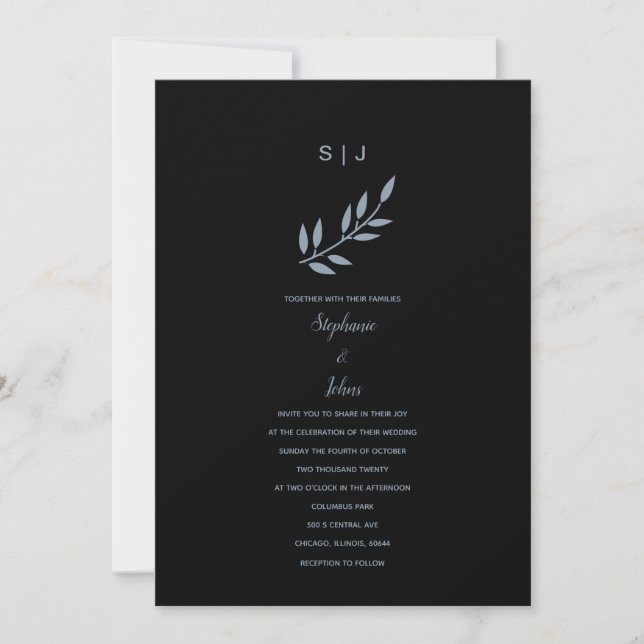 Black Dusty Blue Leaf Monogram Wedding 2024 Invitation (Front)