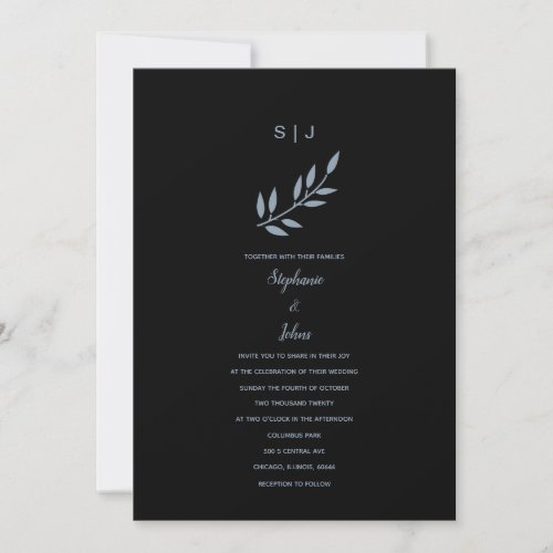Black Dusty Blue Leaf Monogram Wedding 2024 Invitation
