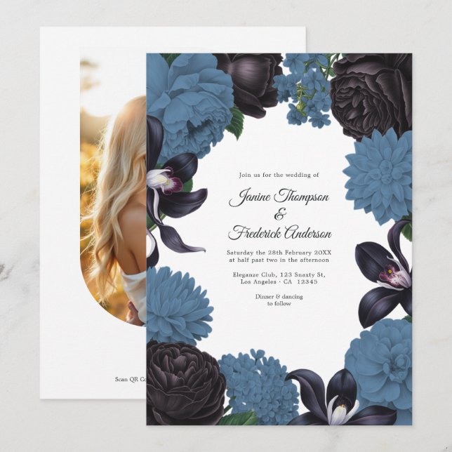 Black & Dusty Blue Photo/QR Code Floral Wedding Invitation (Front/Back)
