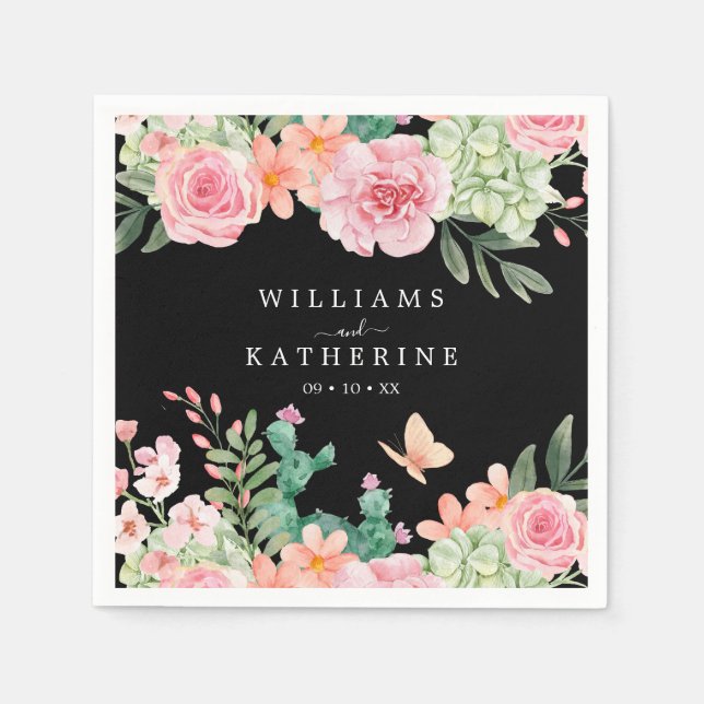 Black  Dusty Blush Pink & Peach Floral Wedding Napkins (Front)