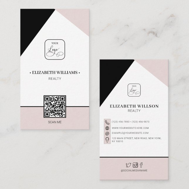 Black Dusty Pink Custom Business Logo & QR Code Business Card (Front/Back)