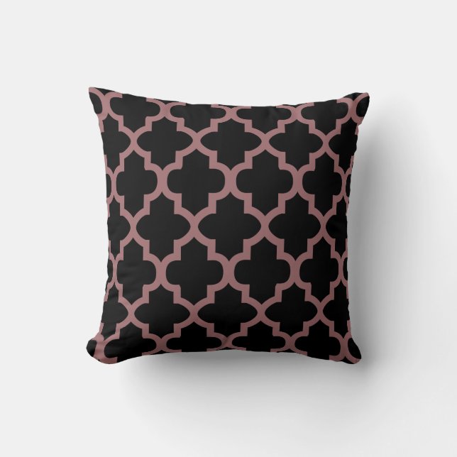 Black & Dusty Rose Gold Quatrefoil Pattern Throw Pillow (Front)