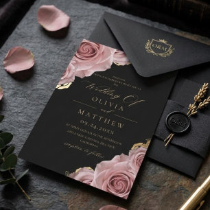 Black & Dusty Roses Elegant Modern Wedding Invitation