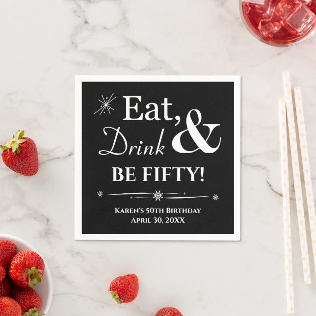 Black Eat Drink & Be Fifty Retro 50th Birthday Napkins (Insitu)