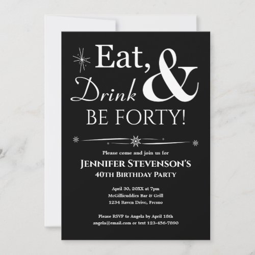 Black Eat Drink  Be Forty 40th Birthday Retro Invitation