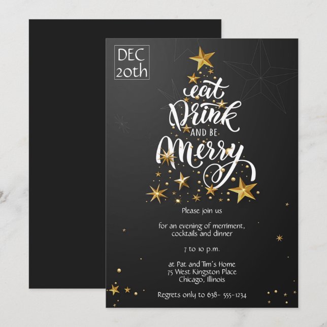 Black Eat, Drink & be Merry Christmas Party Invitation (Front/Back)