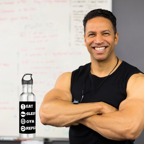 Black Eat Sleep Gym Repeat Icon  Stainless Steel Water Bottle