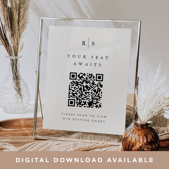 Black & Ecru Monogram QR Code Wedding Seating Sign (Creator Uploaded)