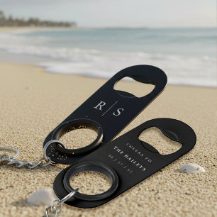 Black & Ecru Monogram Wedding Favor Keychain Bottle Opener