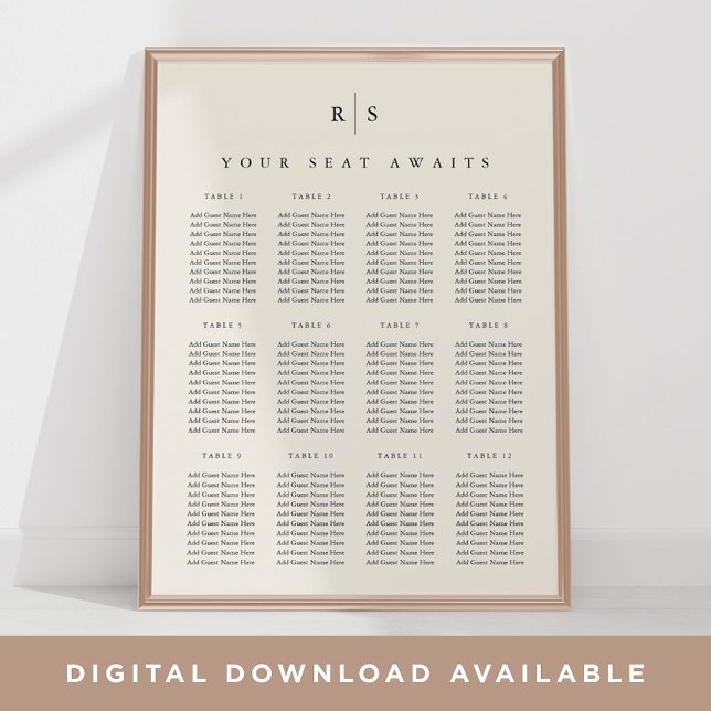 Black & Ecru Monogram Wedding Seating Chart (Creator Uploaded)