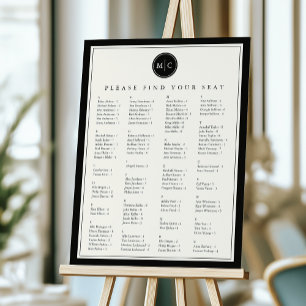 Black & Ecru Monogram Wedding Seating Chart Foam Board