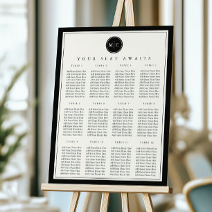 Black & Ecru Monogram Wedding Seating Chart Foam Board