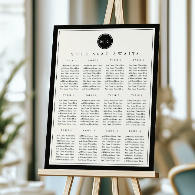 Black & Ecru Monogram Wedding Seating Chart Foam Board (Creator Uploaded)