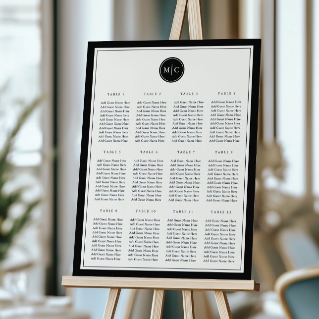 Black & Ecru Monogram Wedding Seating Chart Foam Board (Creator Uploaded)