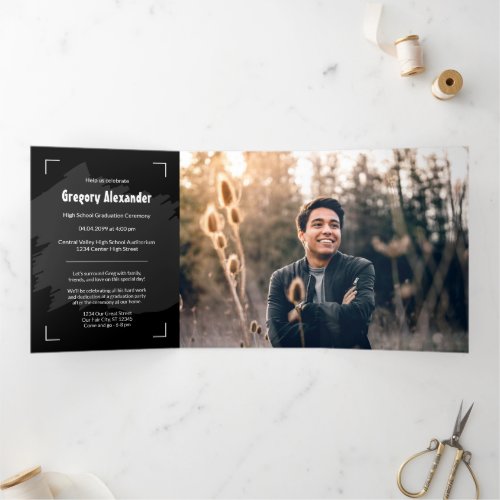 Black Edgy Abstract Brushstroke Photo Graduation Tri_Fold Invitation