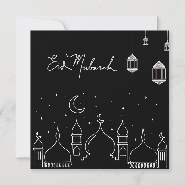 Black Eid Mubarak Line Art Mosque Holiday Card (Front)