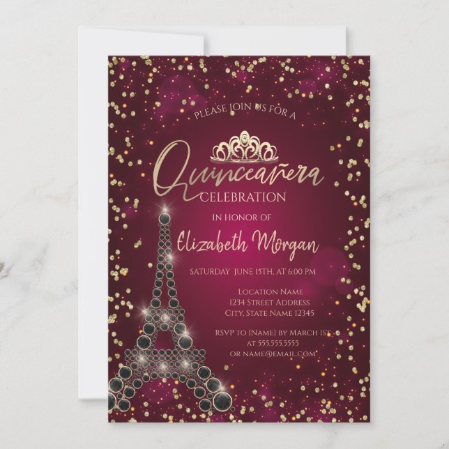 Black Eiffel Tower,Diamonds Burgundy Quinceañera Invitation (Front)