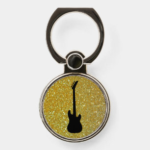 Black Electric Bass Guitar on Gold Glitter Phone Ring Stand