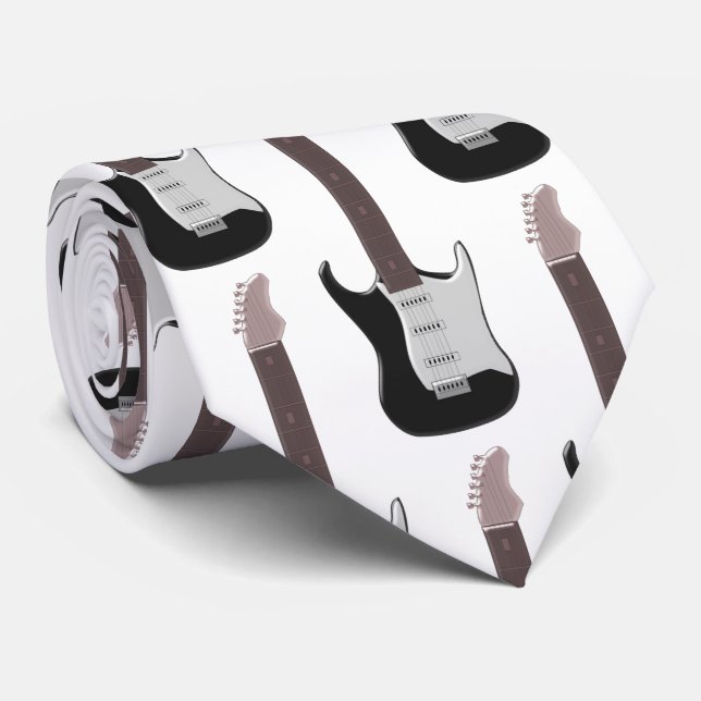 Black Electric Guitar Design Neck Tie (Rolled)