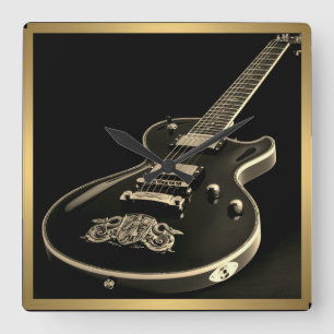 Black Electric Guitar on Black, Gold Trim on a Square Wall Clock
