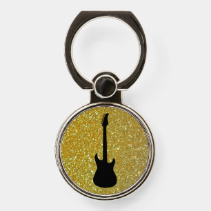 Black Electric Guitar on Gold Glitter Phone Ring Stand