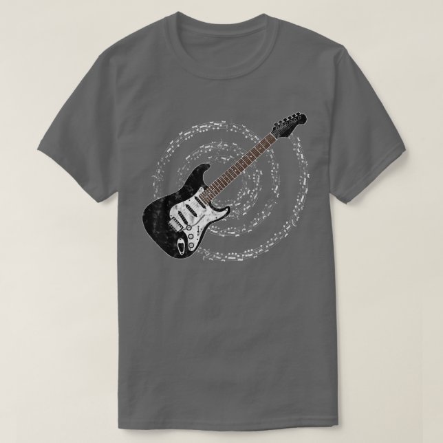 Black Electric Guitar Spiraling Musical Notes  T-Shirt (Design Front)