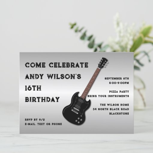 Black Electric Guitar Teen Boy Birthday Invitation | Zazzle