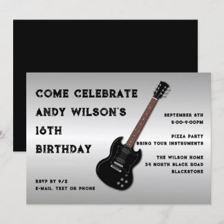 Black Electric Guitar Teen Boy Birthday Invitation