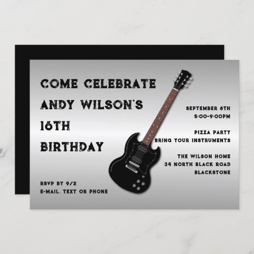 Black Electric Guitar Teen Boy Birthday Invitation