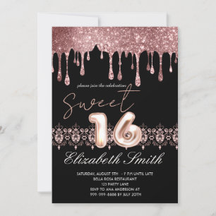Black Elegance, Rose Gold Drips Sweet Sixteen Invitation