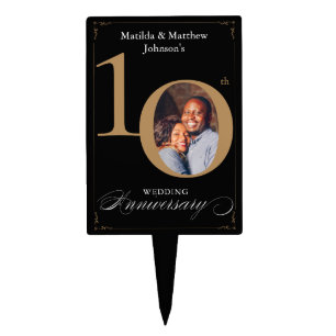 Black Elegant 10th Anniversary Gold Script Photo Cake Topper