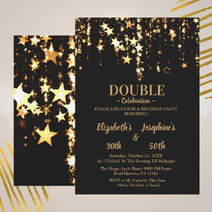 Black elegant and gold stars double joint birthday invitation