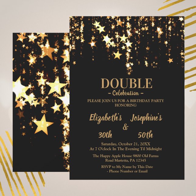 Black elegant and gold stars double joint birthday invitation (Creator Uploaded)