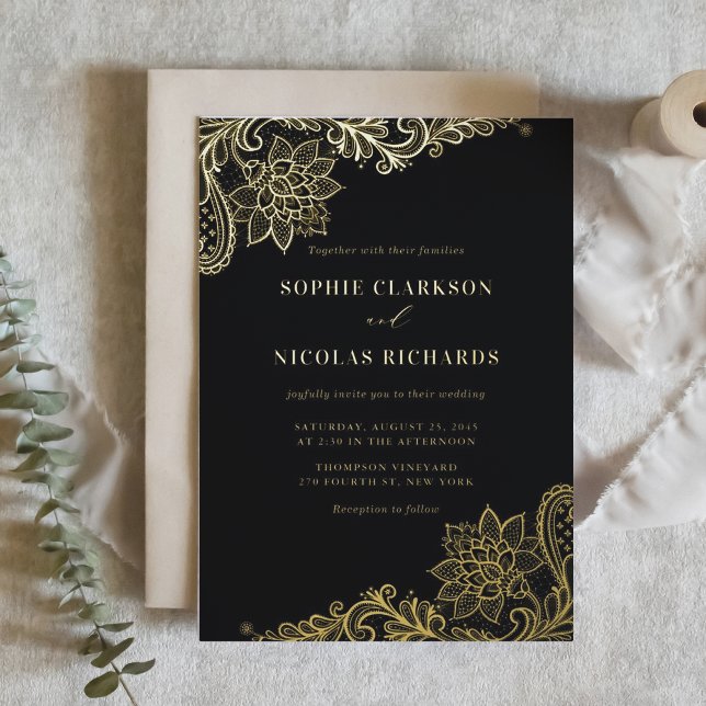 Black Elegant Antique Lace Rustic Wedding Foil Invitation (Creator Uploaded)