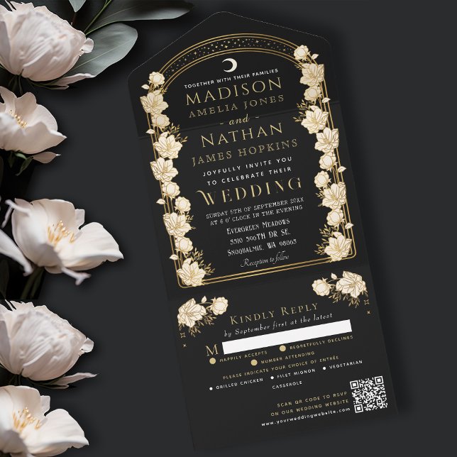 Black Elegant Arch Art Nouveau QR Code Wedding All In One Invitation (Creator Uploaded)