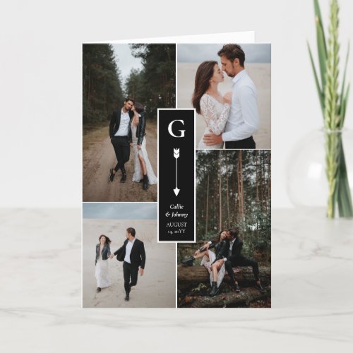 Black Elegant Arrow Wedding Photo Collage Thank You Card