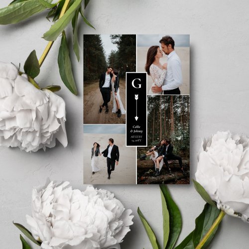 Black Elegant Arrow Wedding Photo Collage Thank You Card