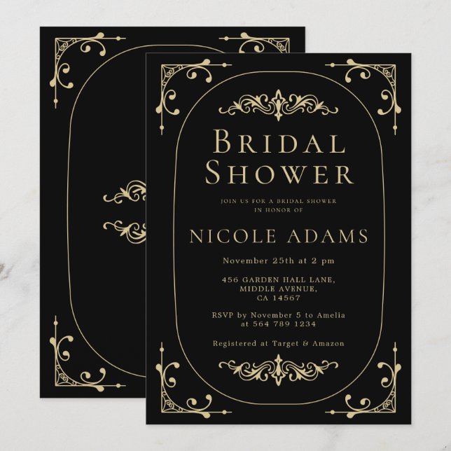 Black Elegant Art Deco Gold Retro Bridal Shower Invitation (Front/Back)