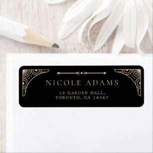 Black Elegant Art Deco Gold Retro Wedding Address Label