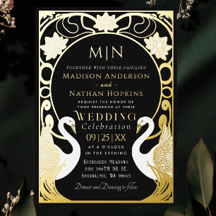Black Elegant Art Nouveau Swans Wedding Foil Invitation