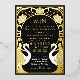 Black Elegant Art Nouveau Swans Wedding Invitation Foil Invitation