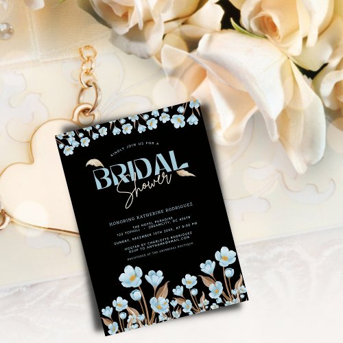 Black Elegant Blue Watercolor Floral Bridal Shower Invitation
