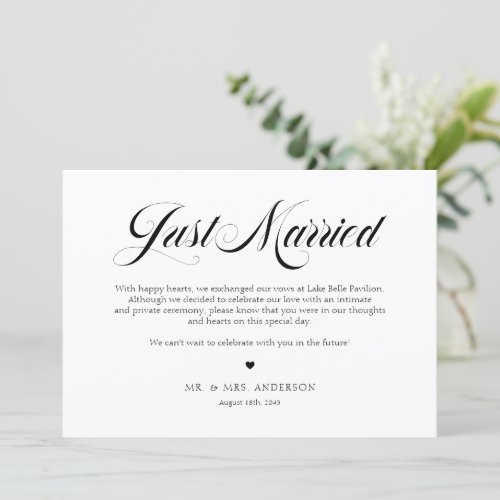 Black Elegant Bold Calligraphy Just Married Announcement