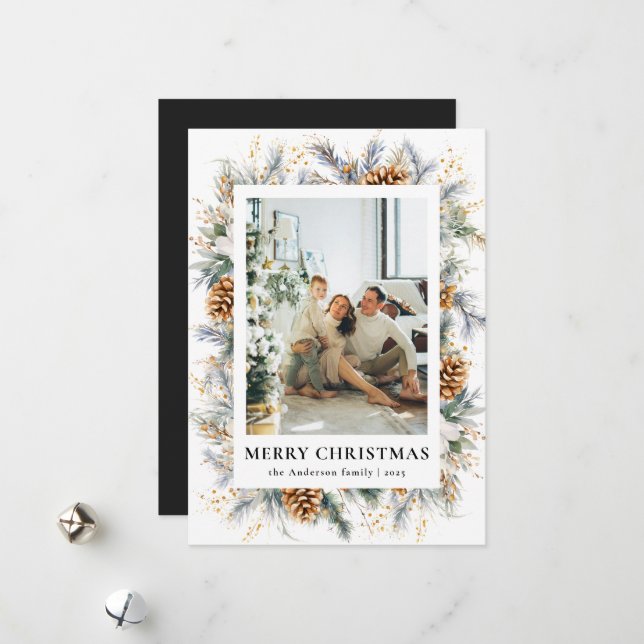 Black Elegant Botanical Contemporary Christmas Holiday Card (Front/Back In Situ)