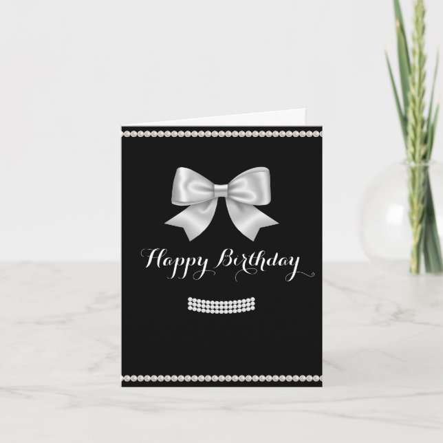 Black elegant bow pearl Happy Birthday  Holiday Card (Front)