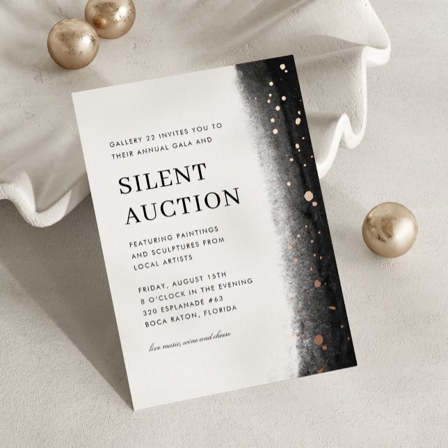 Black Elegant Brush Stroke Gala & Silent Auction Foil Invitation (black, white and gold foil elegant gala night and silent auction invitation)